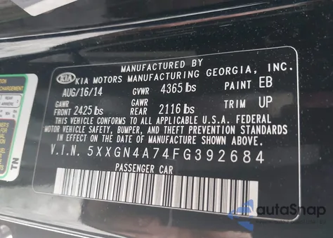 2015 Kia Optima Ex from USA, damaged, VIN 5XXGN4A74FG392684